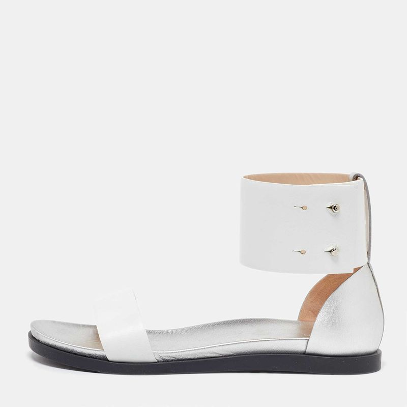 Joseph White/Silver Leather Ankle Strap Flat Sandals Size 39